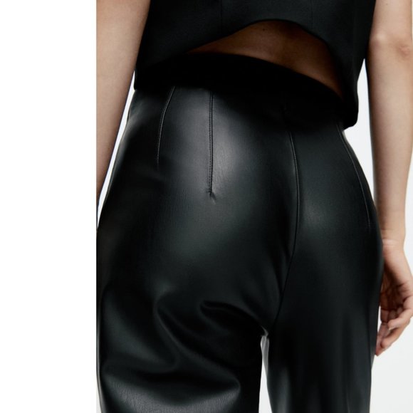 ZARA BLACK HIGH-RISE FAUX LEATHER ANKLE TROUSERS - Picture 15 of 16